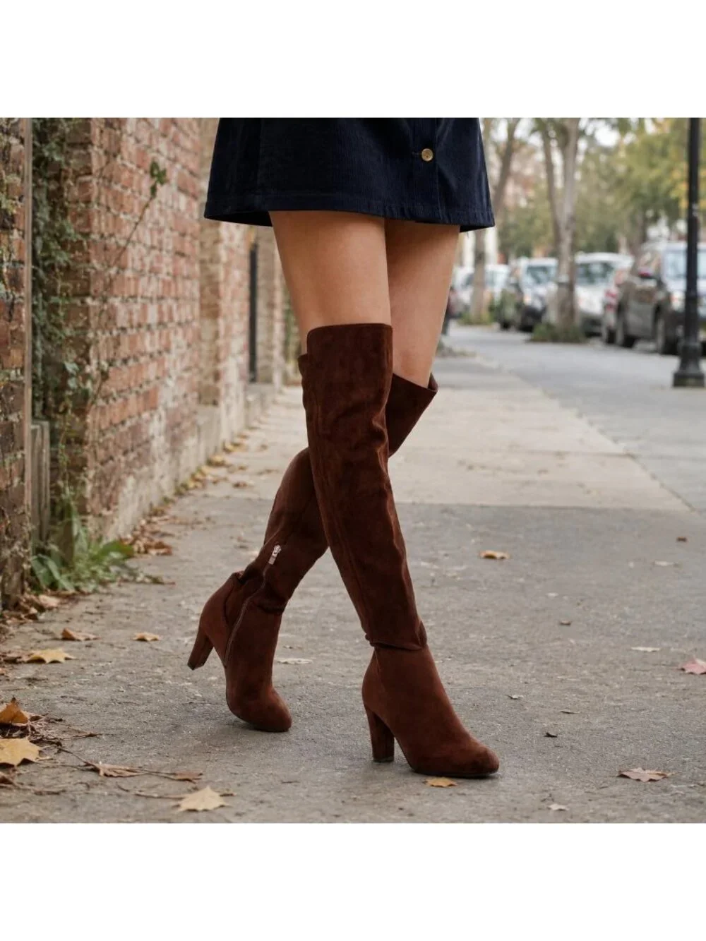 Women's Chocolate Faux Suede Chunky Heel Stretch Over The Knee Thigh High Boots